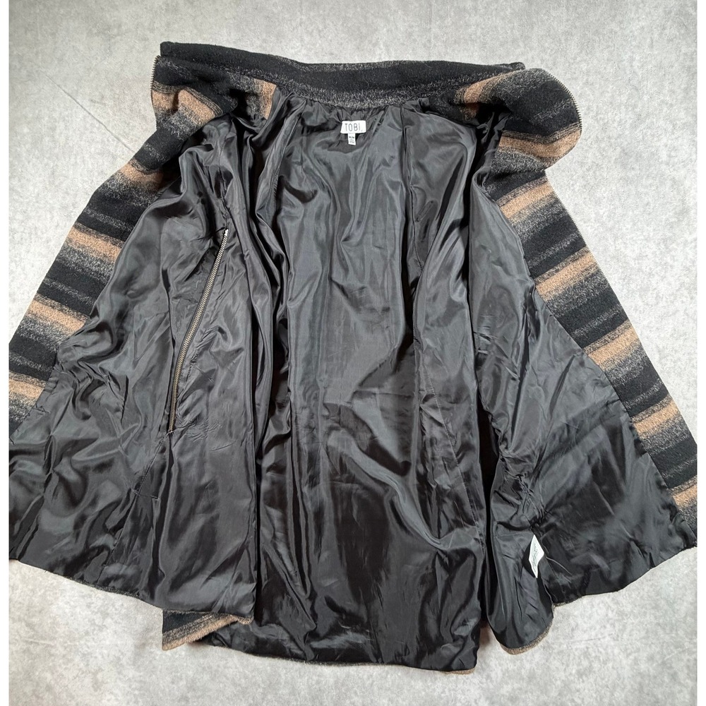 Tobi Womens Medium Poncho Coat Wool Blend Black Tan Gray Striped Full Zip Lined - Picture 3 of 10